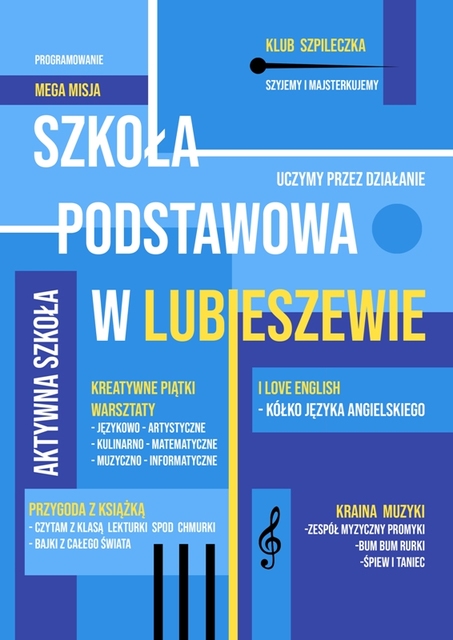 Plakat z informacjami o szkole podstawowej w Lubieszewie